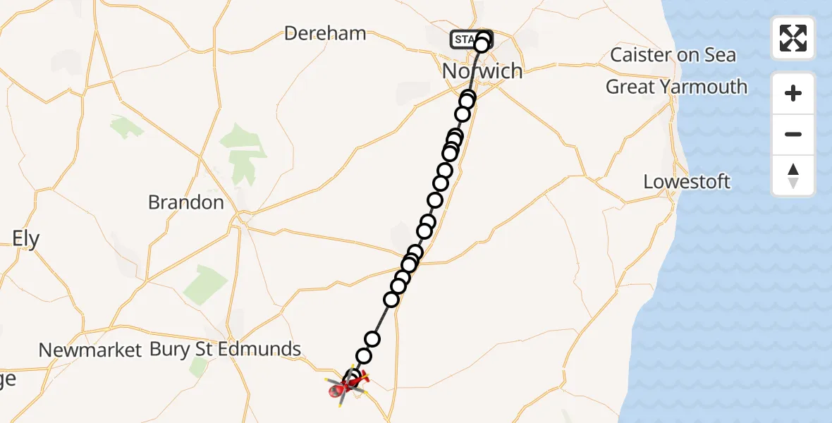 Flight route Air Ambulance Helicopter Norwich Airport - Stowmarket, 27 June 2026, 20:42