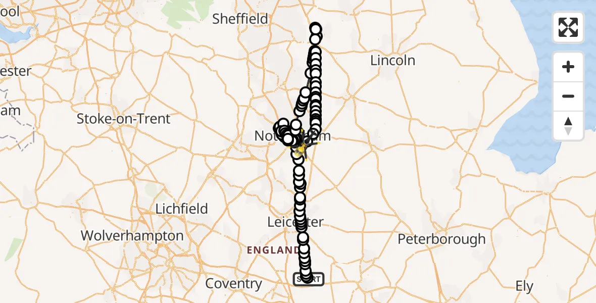 Flight route Police Helicopter Husbands Bosworth - Tollerton, 27 June 2026, 20:48