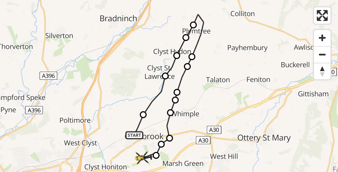 Flight route Police Helicopter Cranbrook - Rockbeare, 27 June 2026, 20:56
