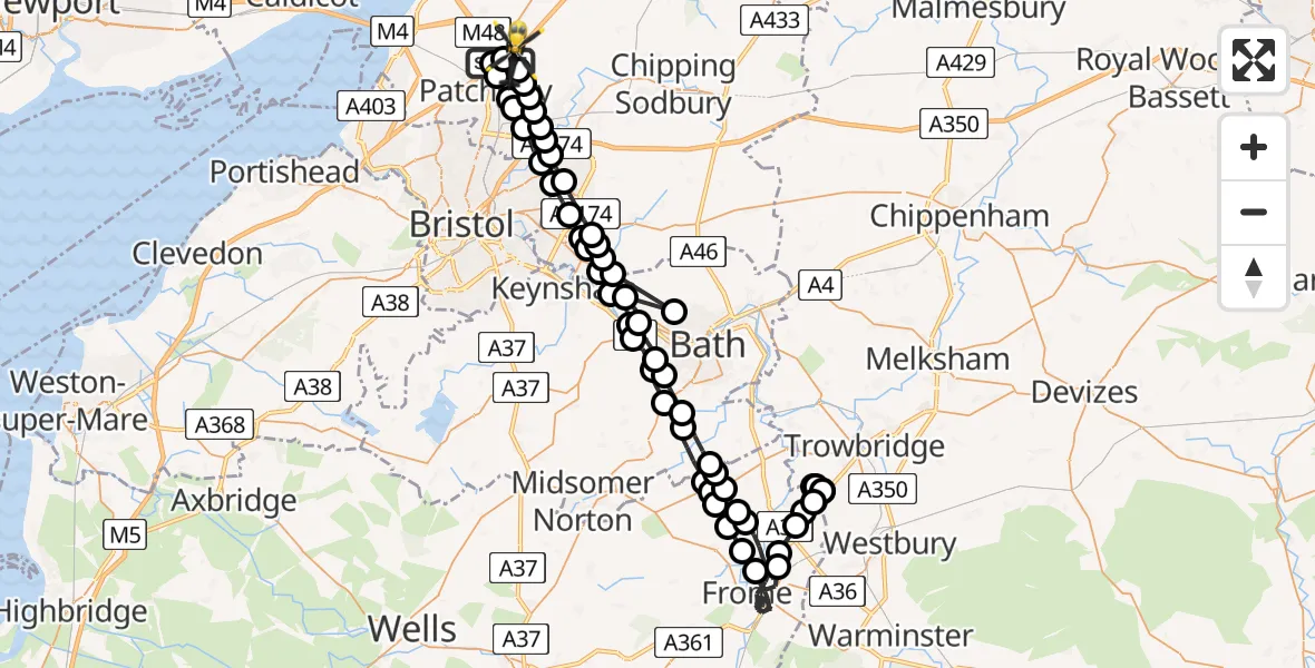 Flight route Police Helicopter Almondsbury Helicopter Base - Hortham, 27 June 2026, 21:06