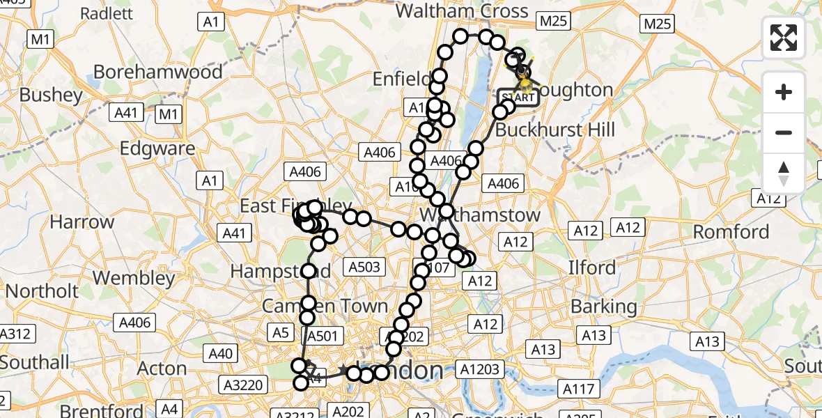 Flight route Police Helicopter Sewardstonebury - Sewardstonebury, 27 June 2026, 21:20