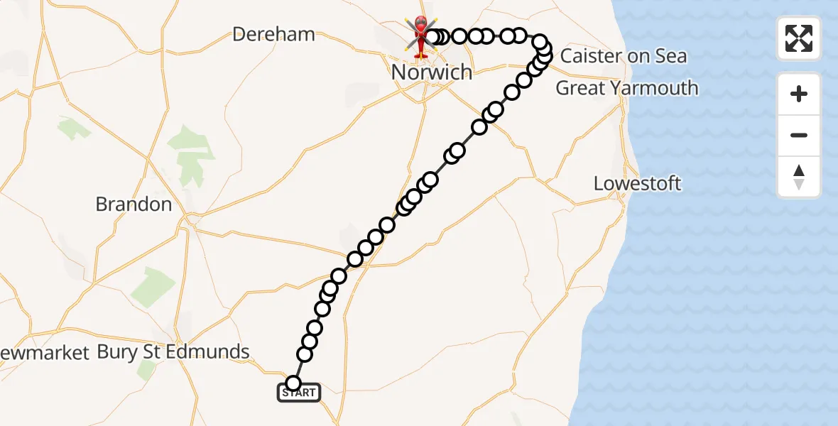 Flight route Air Ambulance Helicopter Stowmarket - Norwich Airport, 27 June 2026, 21:30