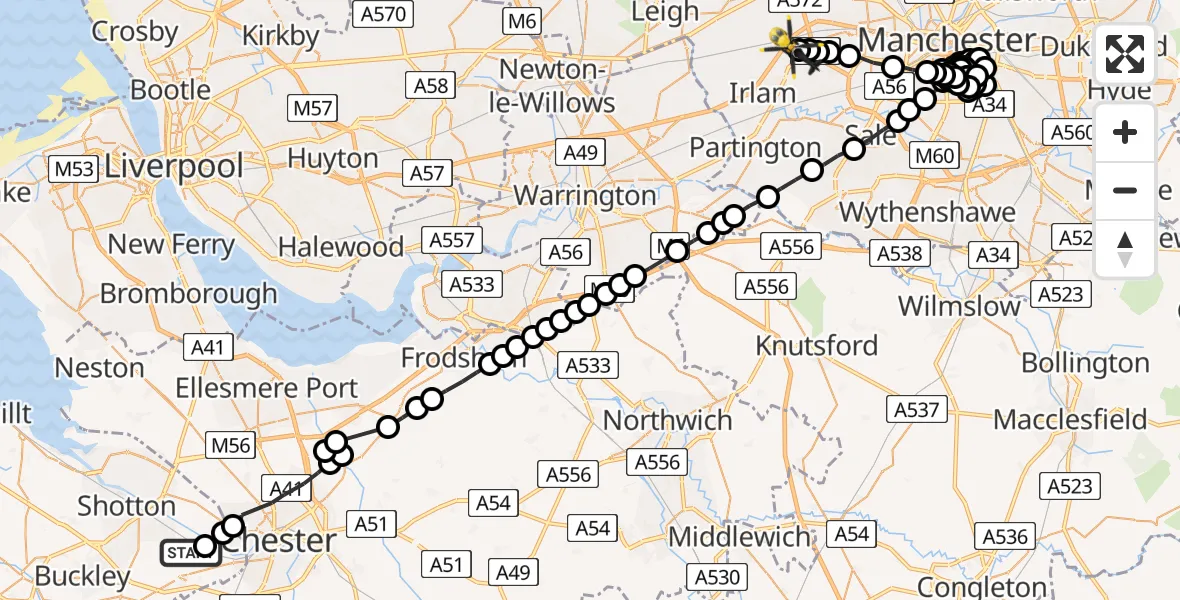 Flight route Police Helicopter Hawarden Airport - Manchester Barton Aerodrome, 27 June 2026, 21:52
