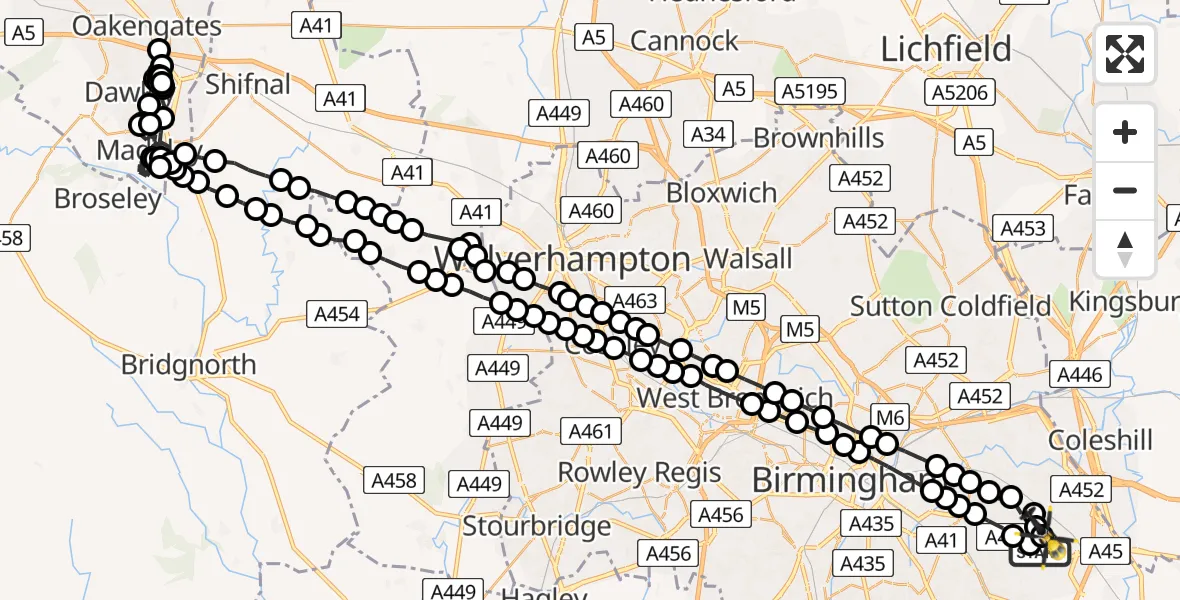 Flight route Police Helicopter Birmingham Airport - Birmingham Airport, 27 June 2026, 22:01