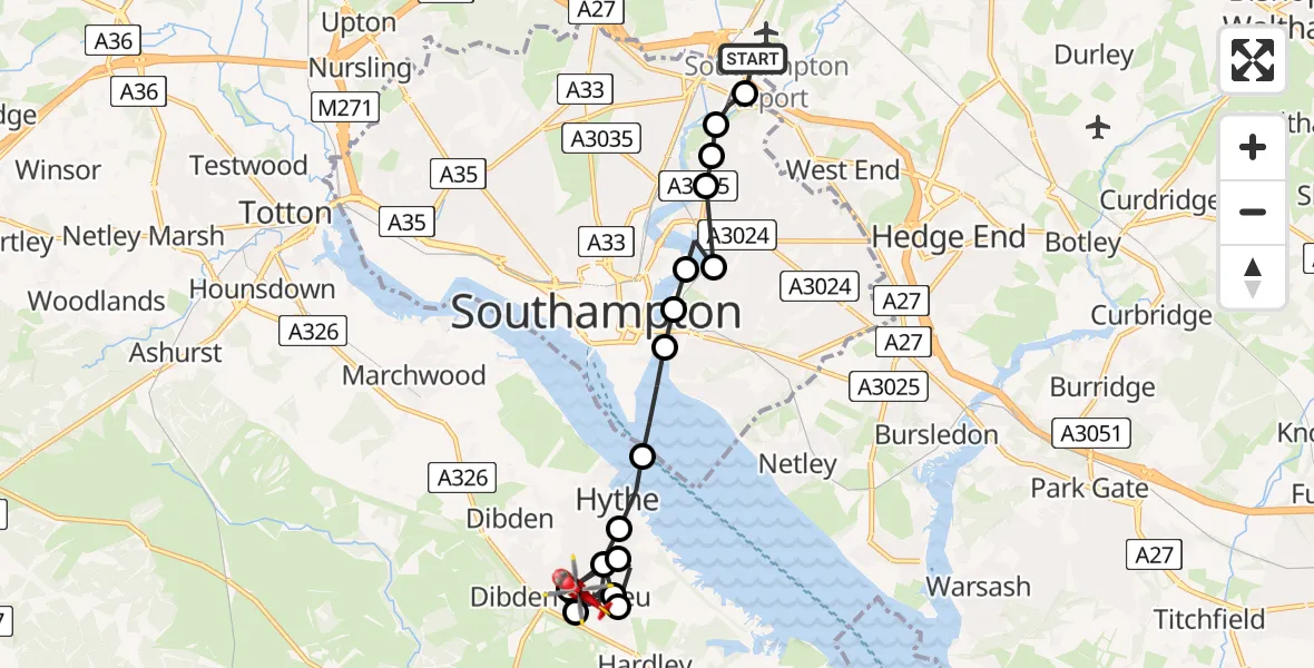 Flight route Air Ambulance Helicopter Southampton Airport - Hardley, 27 June 2026, 23:06