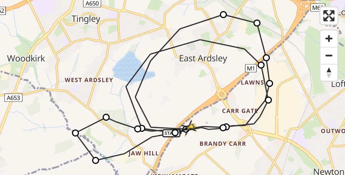 Flight route Police Helicopter East Ardsley - East Ardsley, 27 June 2026, 23:11