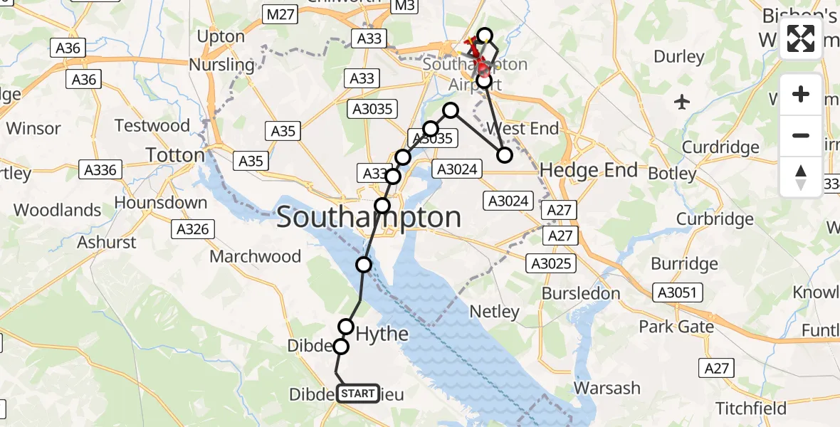 Flight route Air Ambulance Helicopter Dibden Purlieu - Southampton Airport, 28 June 2026, 00:43
