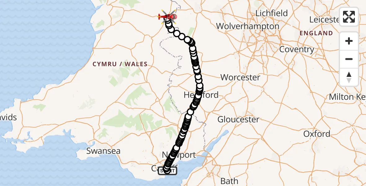 Flight route Air Ambulance Helicopter Cardiff Heliport - Welshpool, 28 June 2026, 00:48