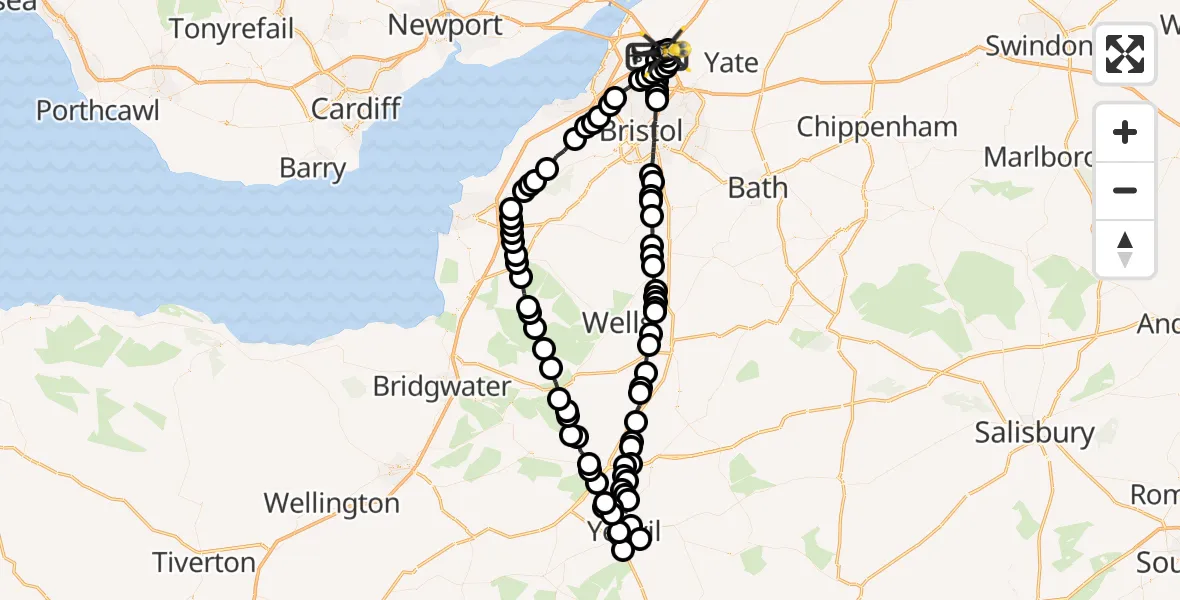 Flight route Police Helicopter Almondsbury Helicopter Base - Almondsbury Helicopter Base, 28 June 2026, 00:53