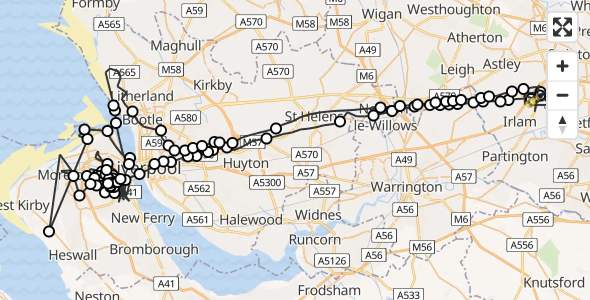 Flight route Police Helicopter Manchester Barton Aerodrome - Manchester Barton Aerodrome, 28 June 2026, 01:27