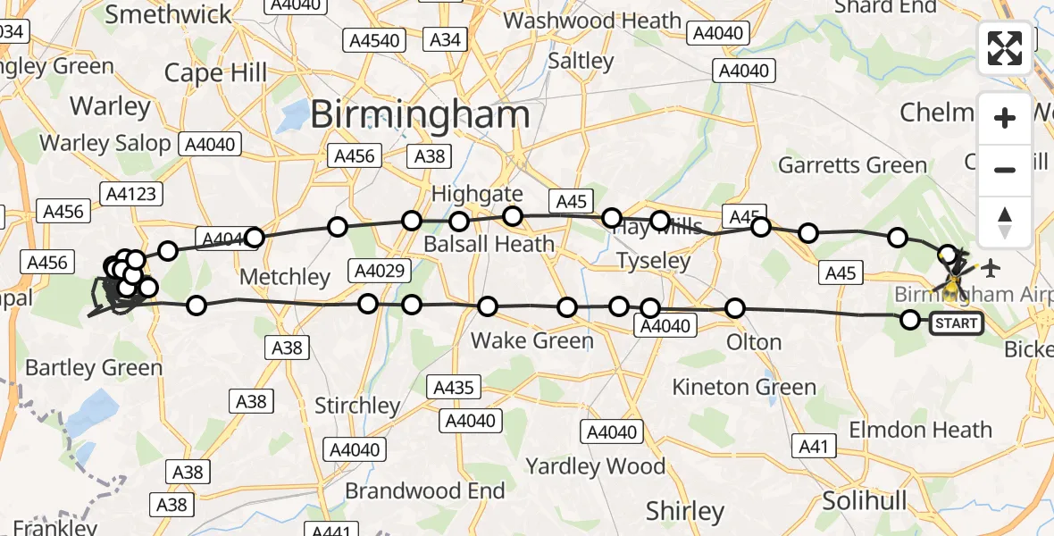 Flight route Police Helicopter Birmingham Airport - Birmingham Airport, 28 June 2026, 01:50