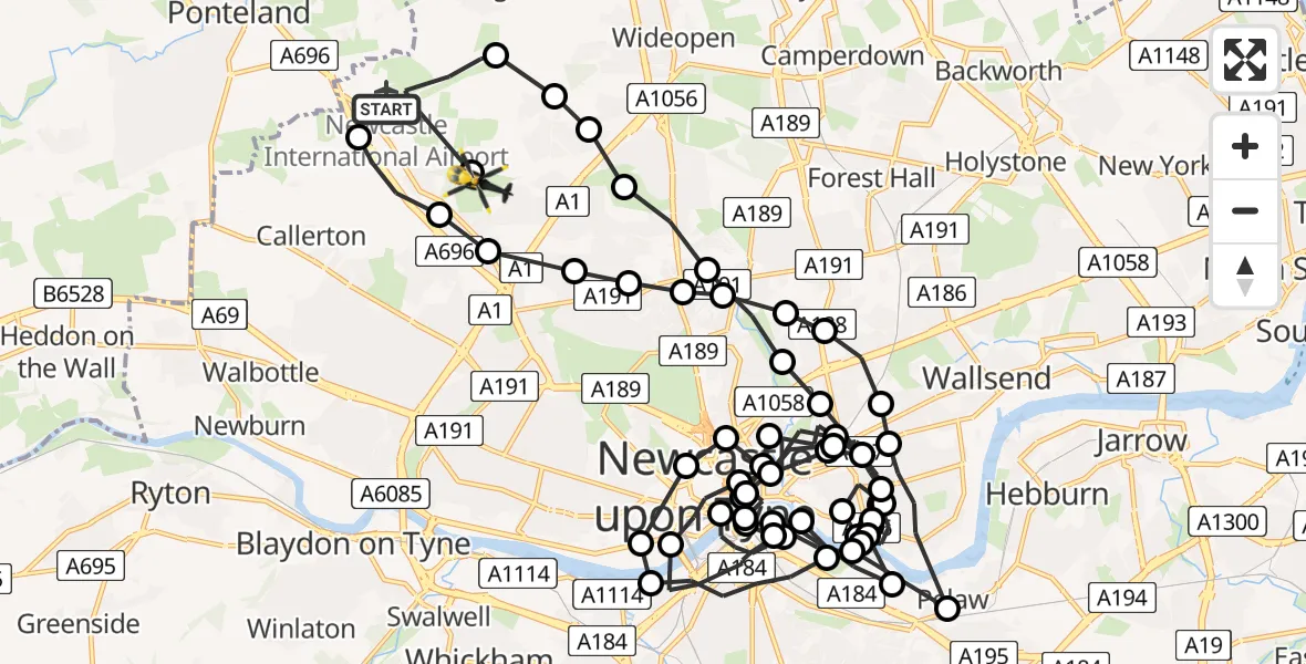 Flight route Police Helicopter Newcastle International Airport - Newcastle upon Tyne, 28 June 2026, 02:00