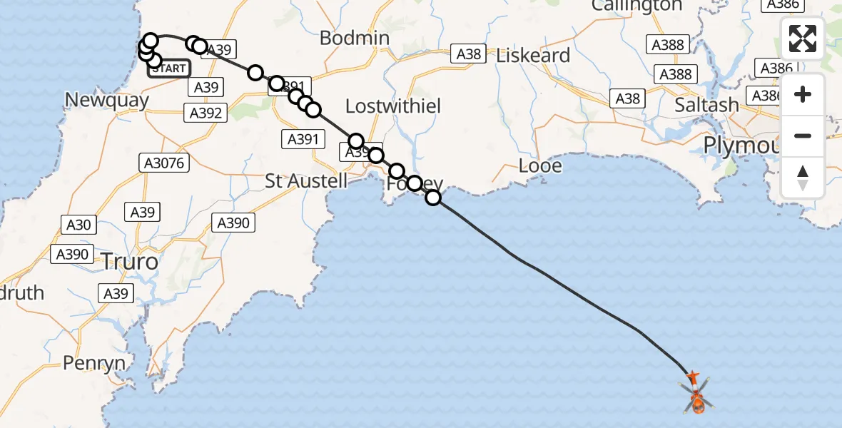 Flight route Coastguard Helicopter Cornwall Airport Newquay - English Channel, 28 June 2026, 02:24