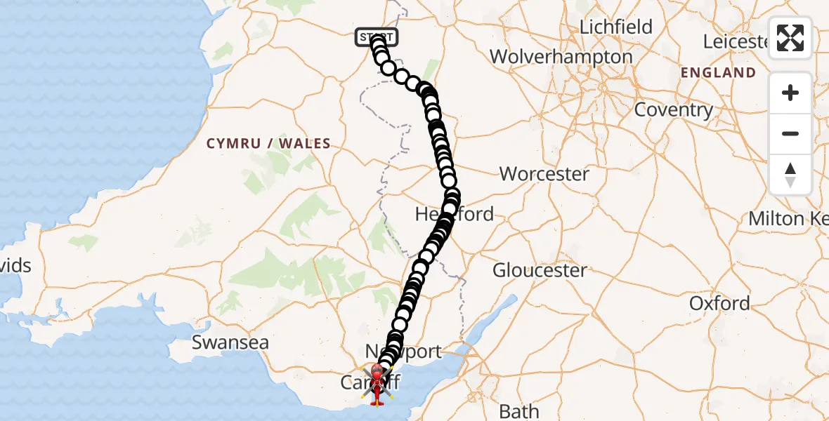 Flight route Air Ambulance Helicopter Welshpool - Cardiff Heliport, 28 June 2026, 02:24
