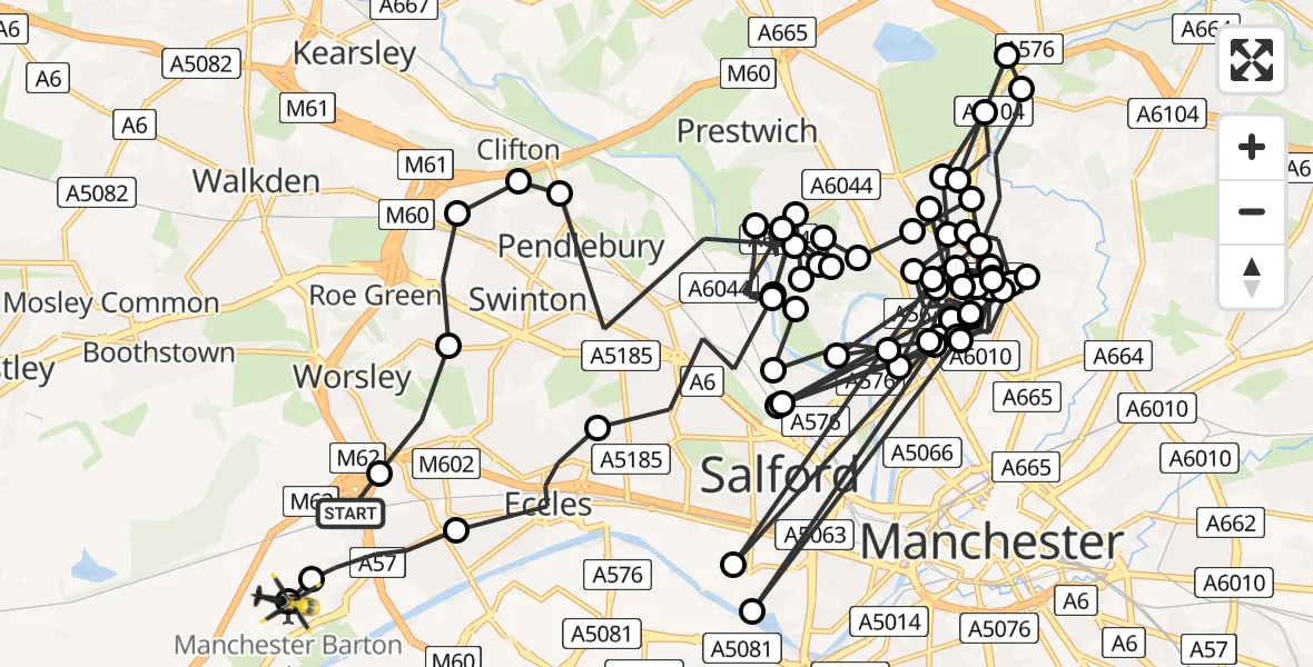 Flight route Police Helicopter Worsley - Manchester Barton Aerodrome, 28 June 2026, 03:06
