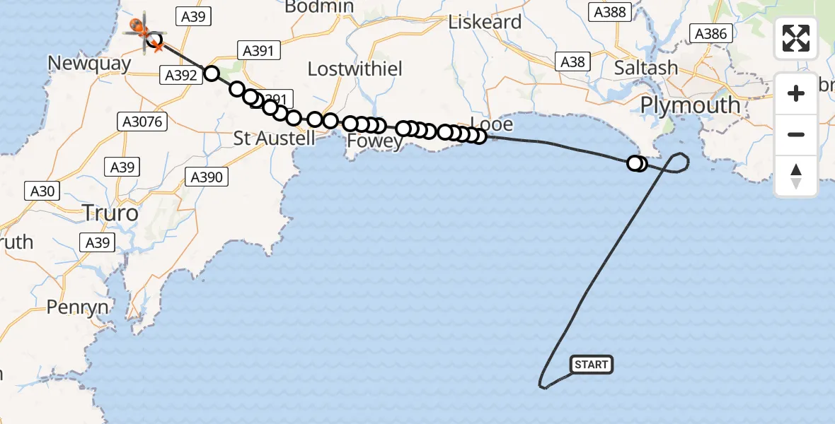 Flight route Coastguard Helicopter English Channel - Cornwall Airport Newquay, 28 June 2026, 03:10