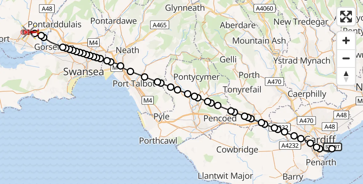 Flight route Air Ambulance Helicopter Cardiff Heliport - Dafen, 28 June 2026, 06:49