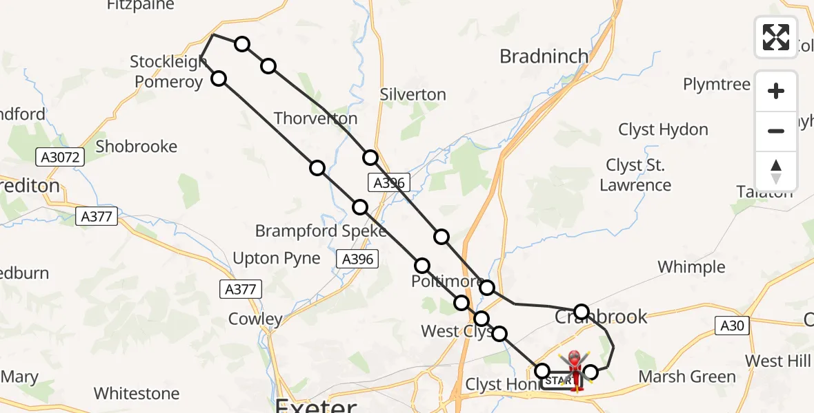 Flight route Air Ambulance Helicopter Exeter International Airport - Exeter International Airport, 28 June 2026, 07:01