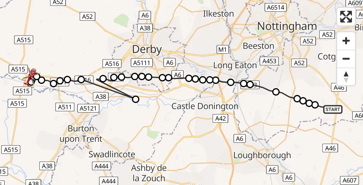 Flight route Air Ambulance Helicopter Widmerpool - Sudbury CP, 28 June 2026, 07:25