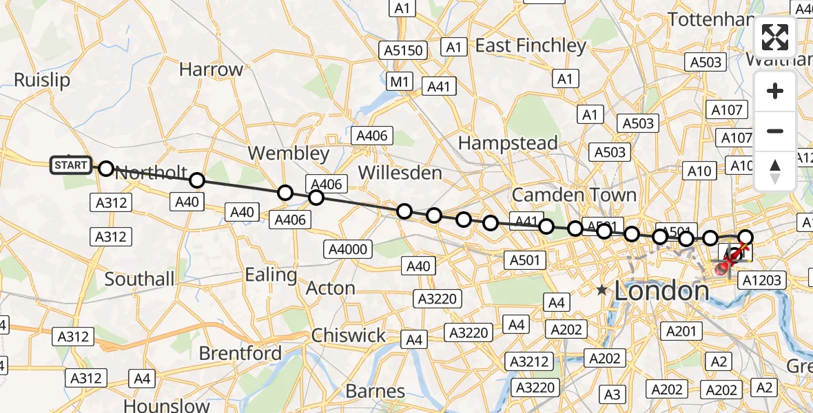 Flight route Air Ambulance Helicopter RAF Northolt - Royal London Hospital, 28 June 2026, 07:27