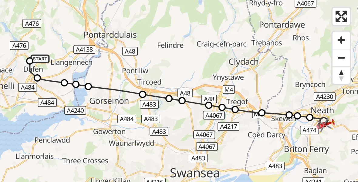 Flight route Air Ambulance Helicopter Dafen - Neath, 28 June 2026, 07:53