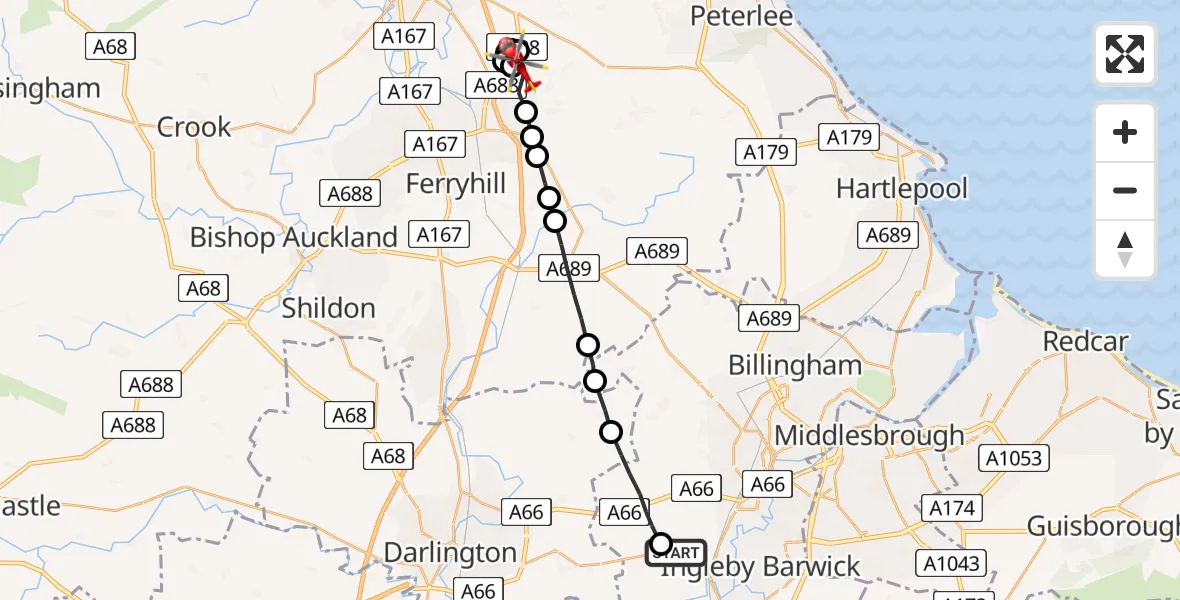 Flight route Air Ambulance Helicopter Egglescliffe - Quarrington Hill, 28 June 2026, 07:54