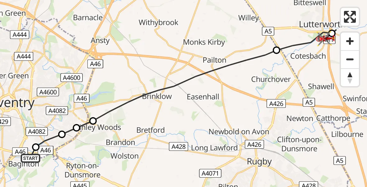 Flight route Air Ambulance Helicopter Coventry Airport - Lutterworth, 28 June 2026, 08:21
