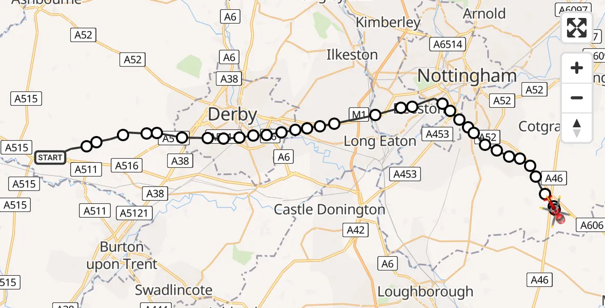 Flight route Air Ambulance Helicopter Foston - Nottingham Heliport, 28 June 2026, 08:22