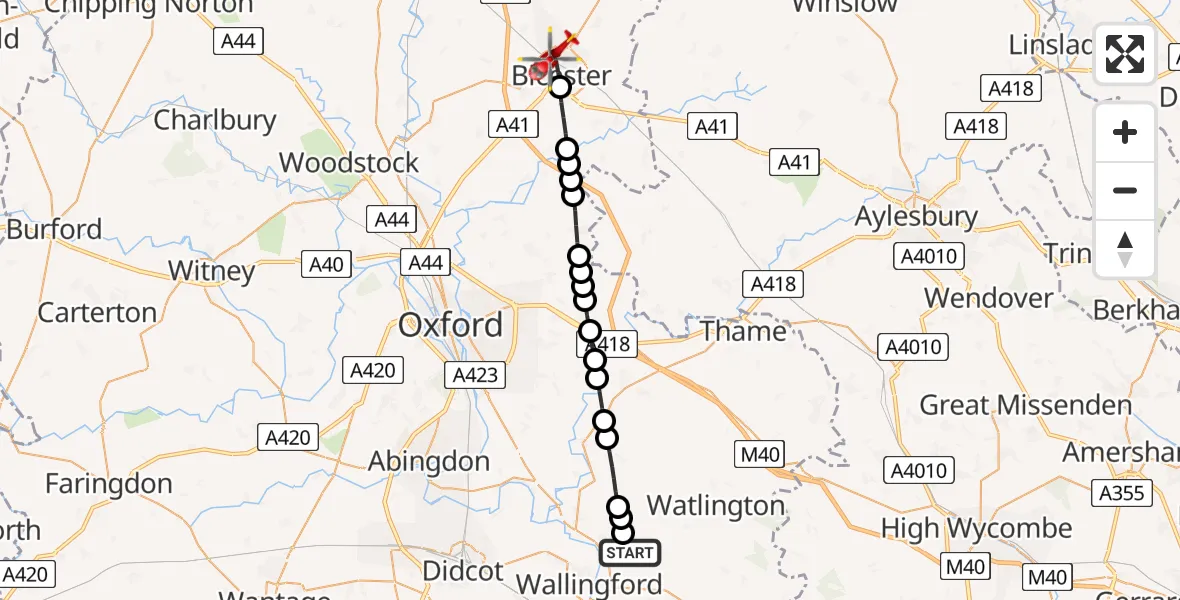 Flight route Air Ambulance Helicopter RAF Benson - Bicester, 28 June 2026, 08:32