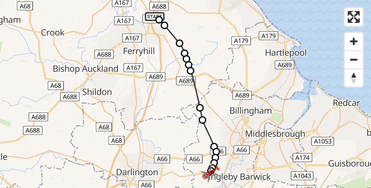 Flight route Air Ambulance Helicopter Parkhill - Egglescliffe, 28 June 2026, 08:46