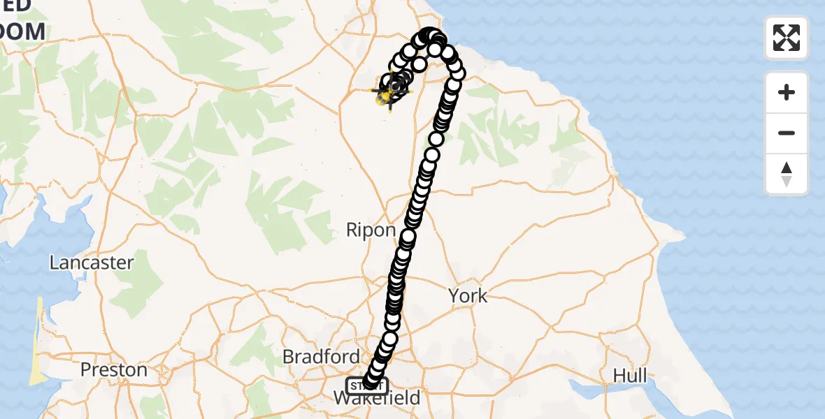 Flight route Police Helicopter East Ardsley - Teesside International Airport, 28 June 2026, 09:01