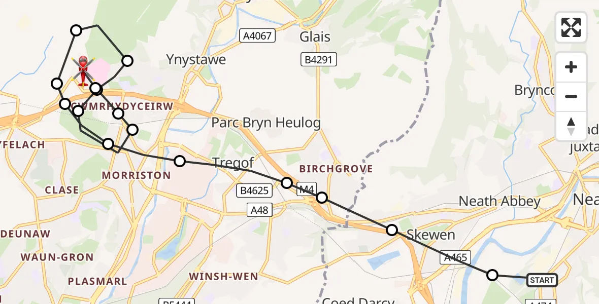 Flight route Air Ambulance Helicopter Neath - Morriston Hospital Helipad, 28 June 2026, 09:04