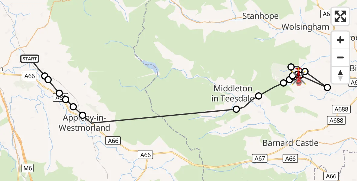 Flight route Air Ambulance Helicopter Culgaith - South Bedburn, 28 June 2026, 09:11