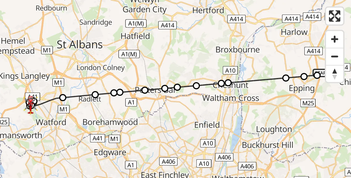Flight route Air Ambulance Helicopter North Weald Airfield - Three Rivers, 28 June 2026, 09:18
