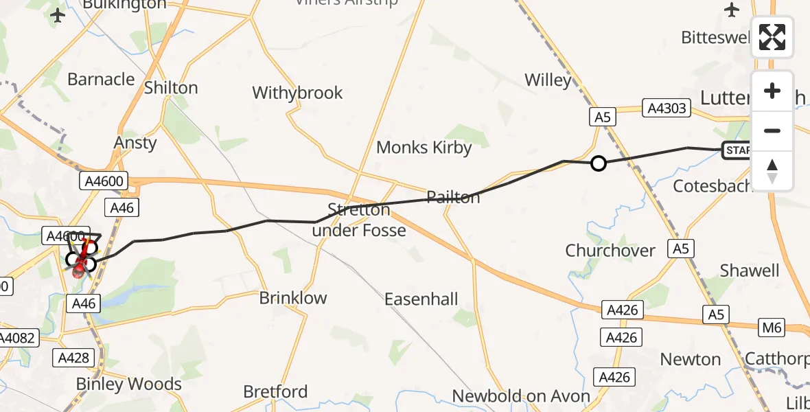 Flight route Air Ambulance Helicopter Lutterworth - University Hospital Coventry, 28 June 2026, 09:23