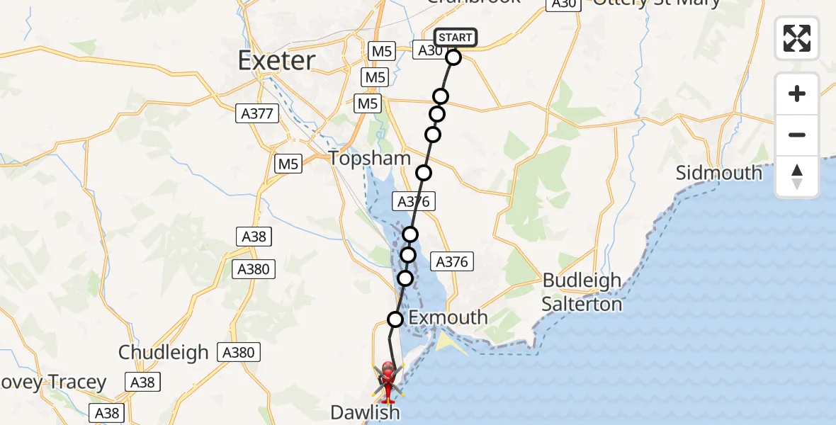 Flight route Air Ambulance Helicopter Exeter International Airport - Dawlish, 28 June 2026, 09:27