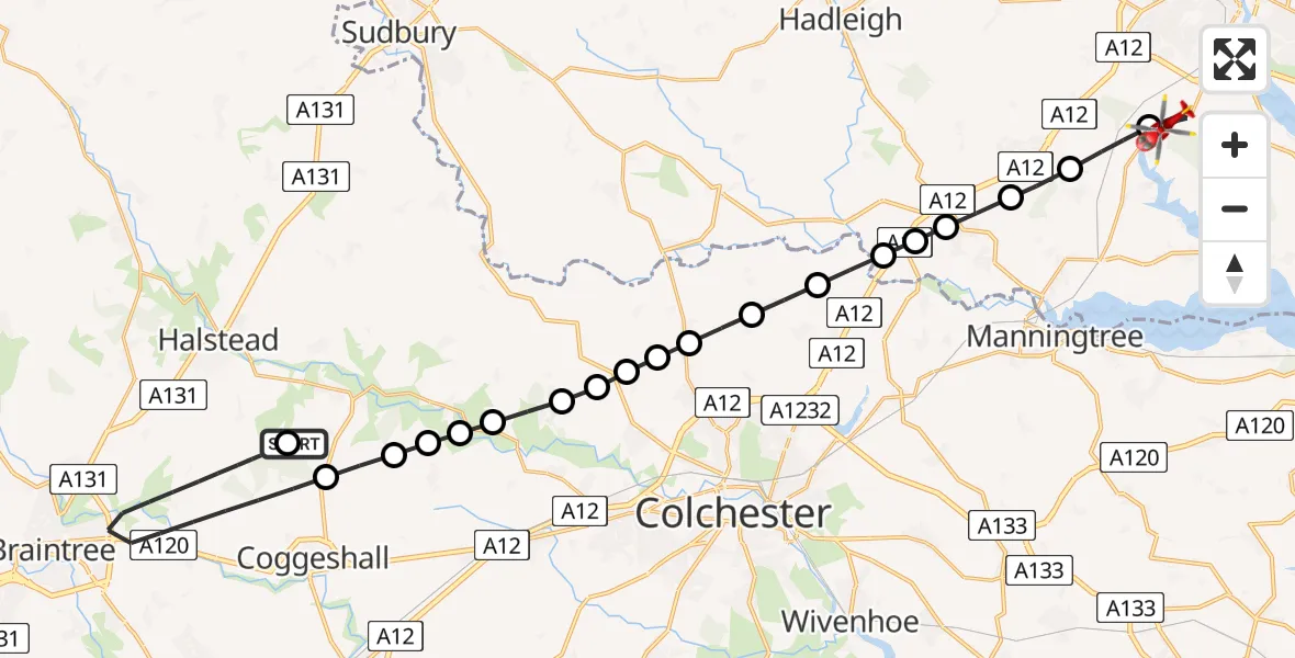 Flight route Air Ambulance Helicopter Earls Colne Airfield - Wherstead, 28 June 2026, 09:38