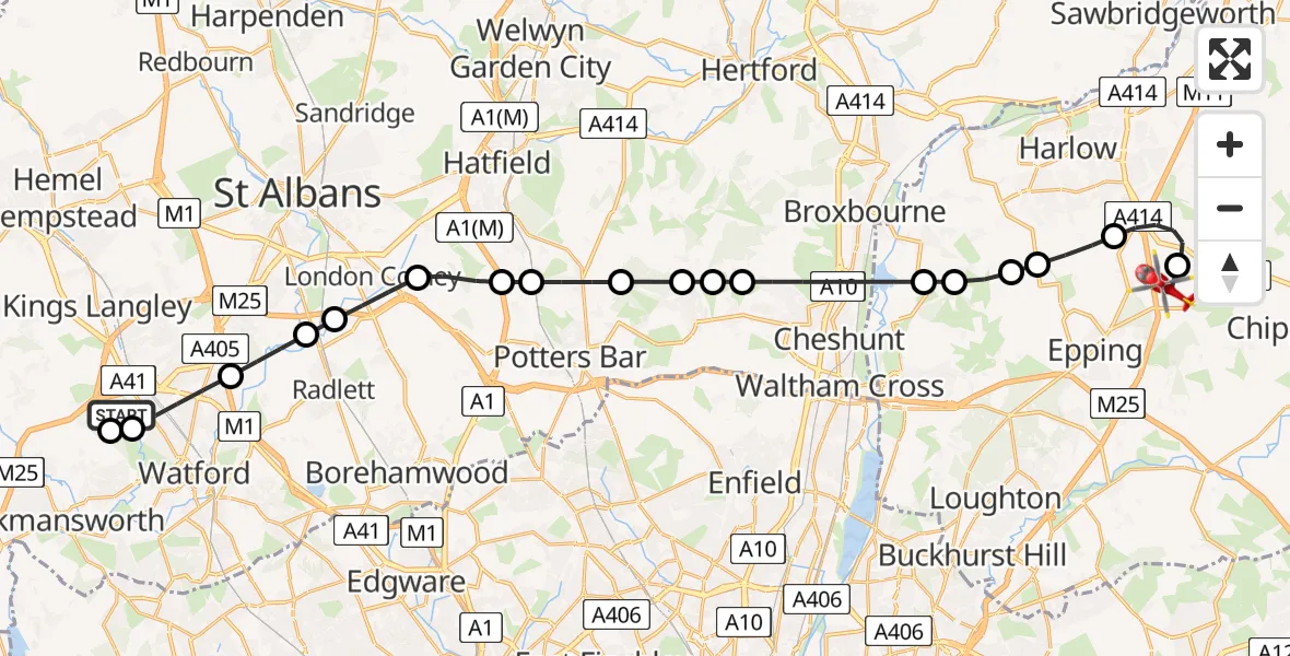 Flight route Air Ambulance Helicopter Three Rivers - North Weald Airfield, 28 June 2026, 09:54