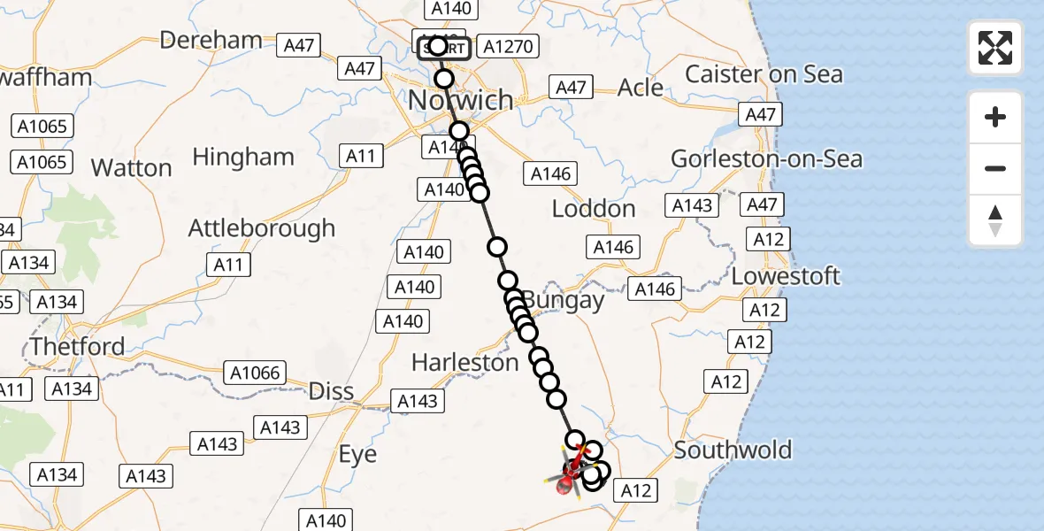 Flight route Air Ambulance Helicopter Norwich Airport - Heveningham, 28 June 2026, 10:06