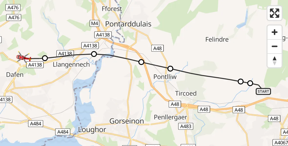 Flight route Air Ambulance Helicopter Morriston Hospital Helipad - Dafen, 28 June 2026, 10:06