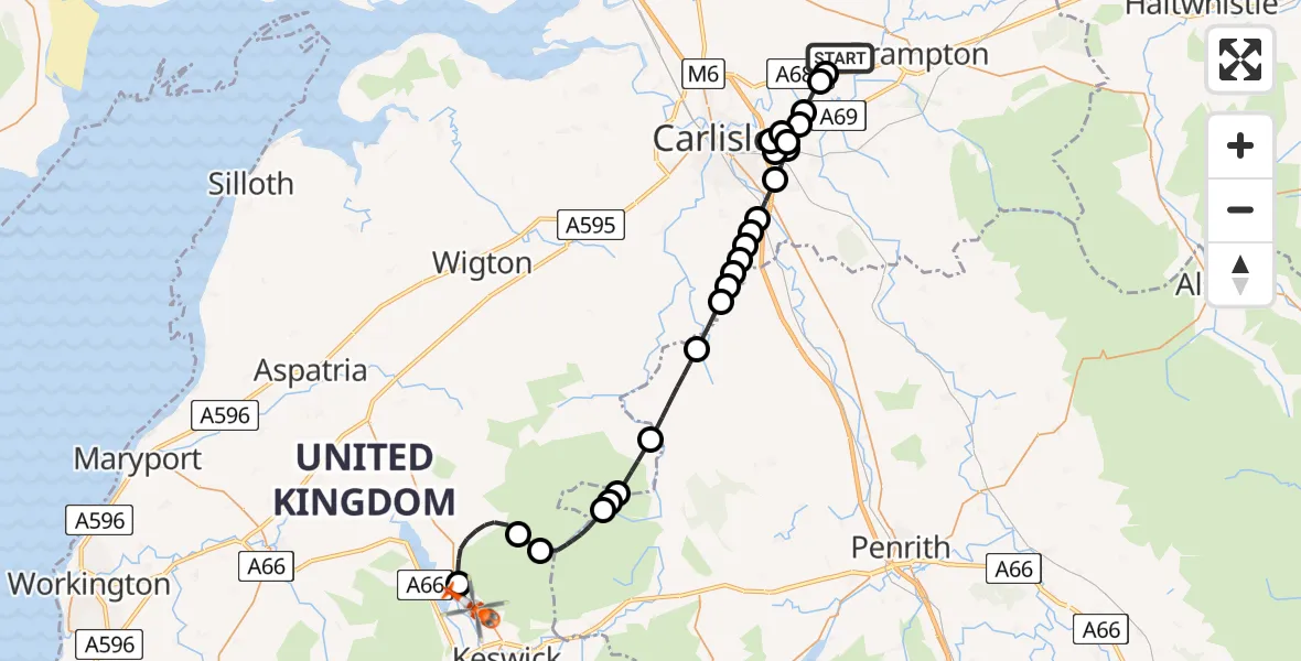 Flight route Coastguard Helicopter Carlisle Lake District Airport - Underskiddaw, 28 June 2026, 10:08