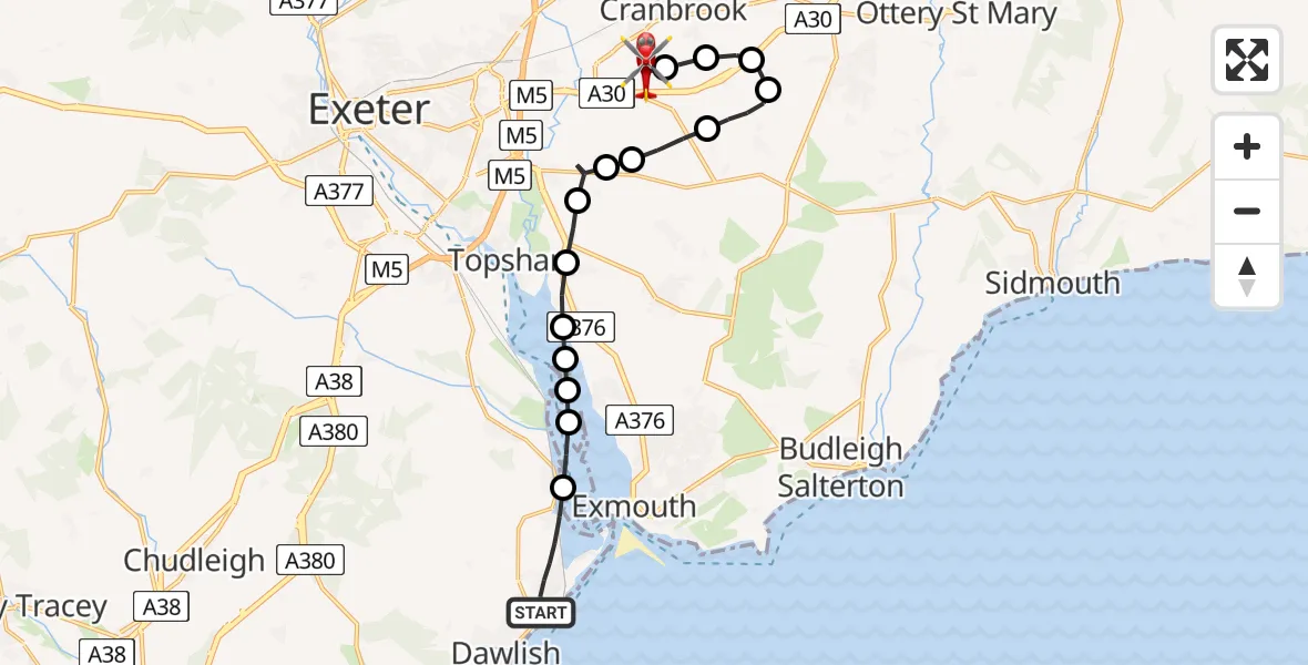 Flight route Air Ambulance Helicopter Dawlish - Exeter International Airport, 28 June 2026, 10:35
