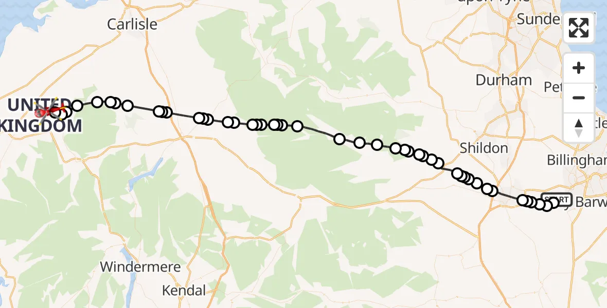 Flight route Air Ambulance Helicopter Egglescliffe - Sunderland, 28 June 2026, 10:40