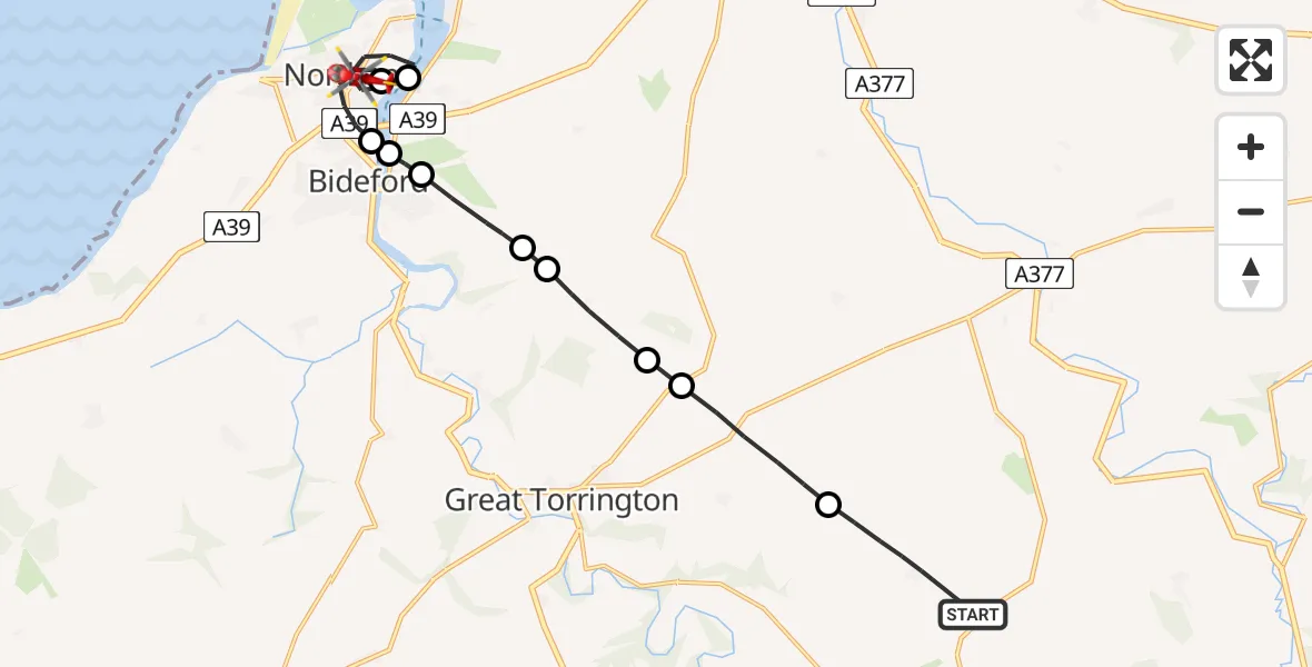 Flight route Air Ambulance Helicopter Roborough - Northam, 28 June 2026, 10:41