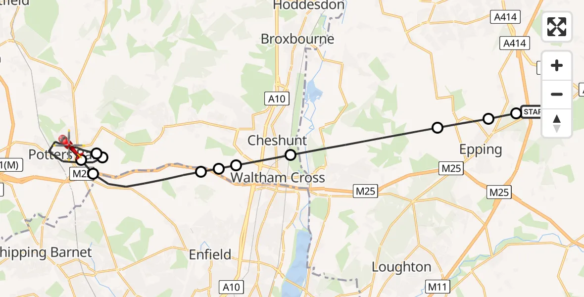 Flight route Air Ambulance Helicopter North Weald Airfield - Potters Bar, 28 June 2026, 10:51