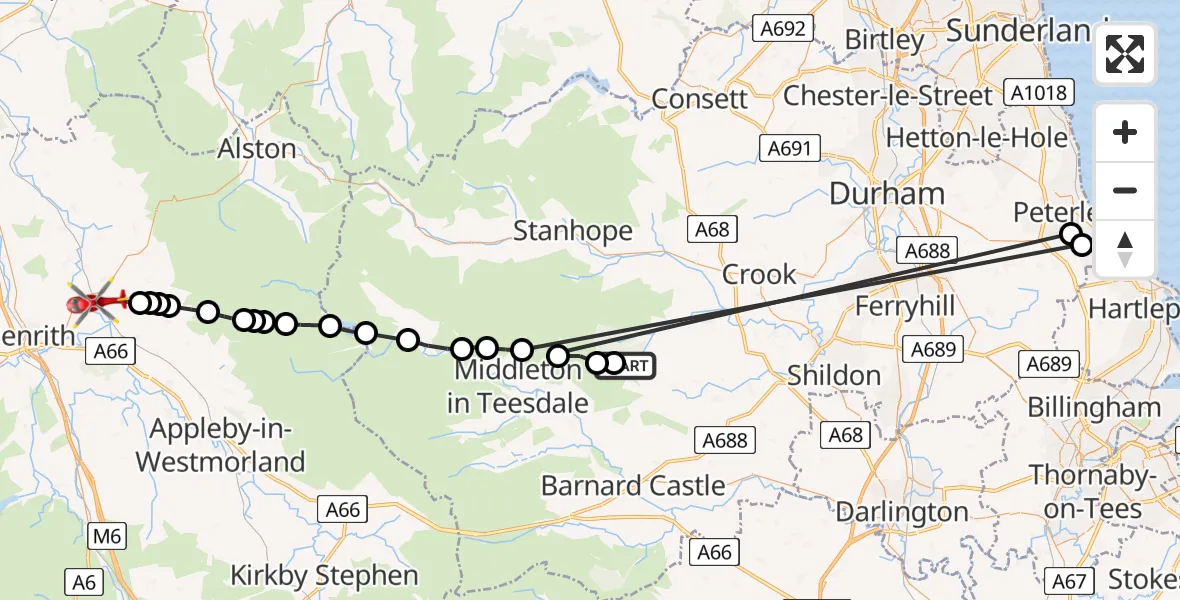 Flight route Air Ambulance Helicopter South Bedburn - Edenhall, 28 June 2026, 10:52