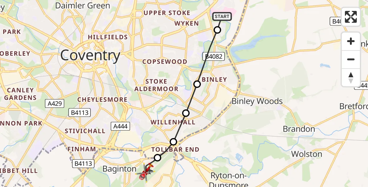 Flight route Air Ambulance Helicopter University Hospital Coventry - Coventry Airport, 28 June 2026, 10:53