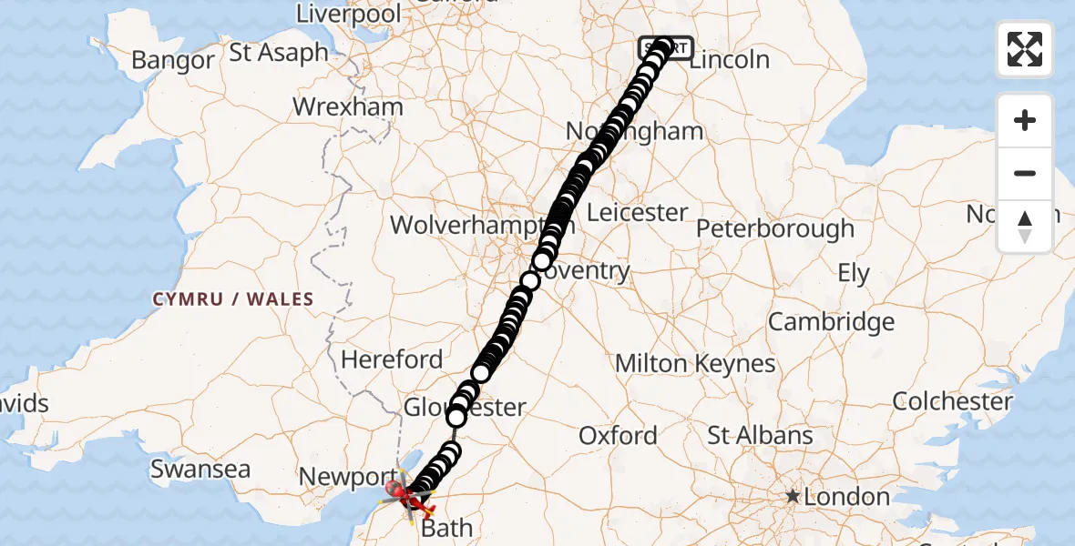 Flight route Air Ambulance Helicopter Retford Gamston Airport - Bristol, 28 June 2026, 10:59