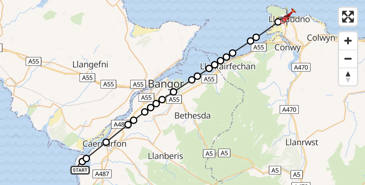 Flight route Air Ambulance Helicopter Caernarfon Airport - Llandudno, 28 June 2026, 11:08