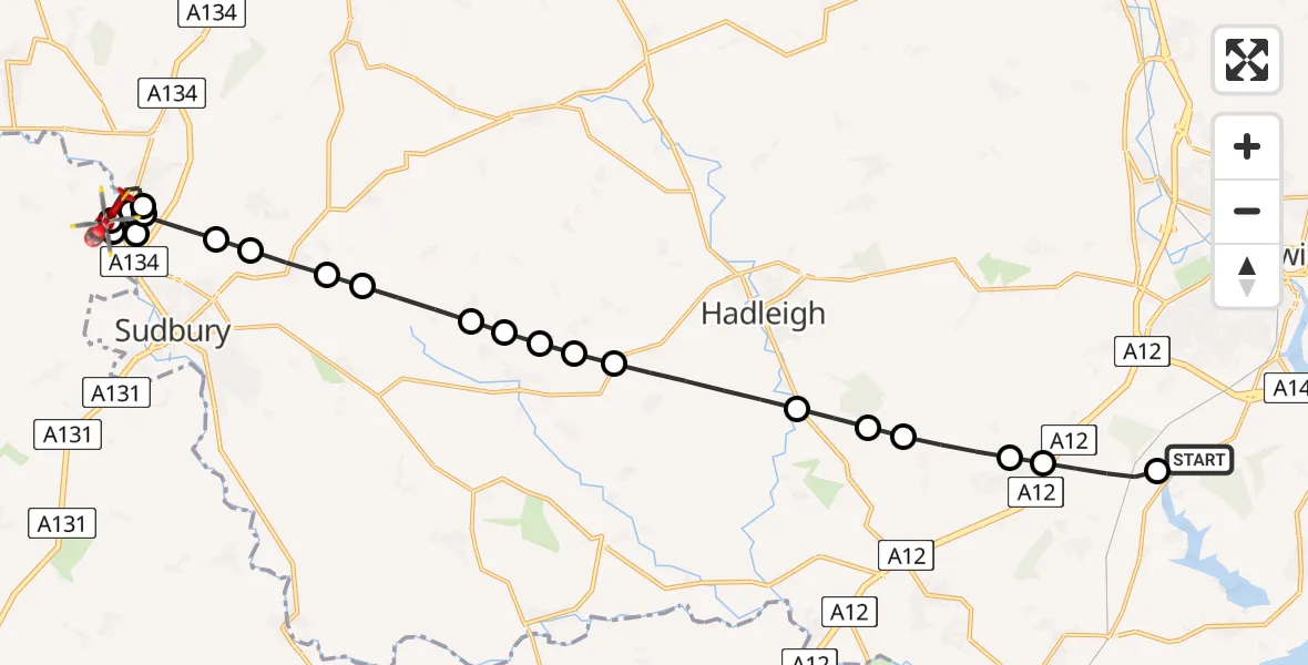 Flight route Air Ambulance Helicopter Wherstead - Long Melford, 28 June 2026, 11:10